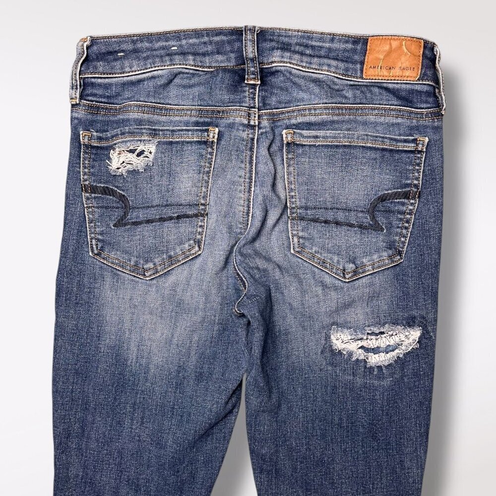 American Eagle Jeggings Distressed Dark Wash Low Rise Skinny Jeans Size 4 Short - Picture 9 of 10